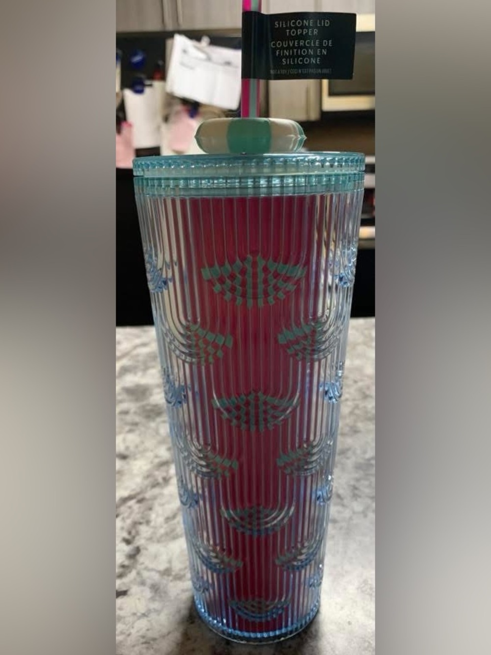Starbucks Blue Clear Ribbed Tumbler with Pink Insert and Turquoise Accents 24oz